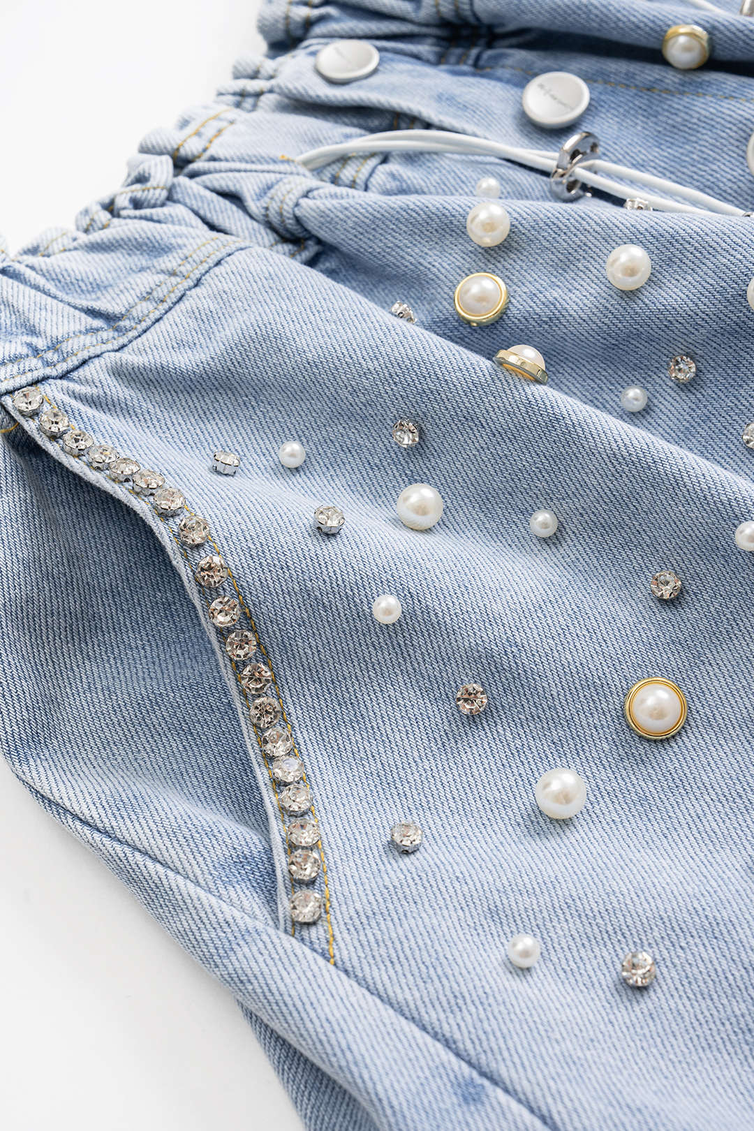 Denim Beaded Rhinestone Drawstring Wide Leg Jorts