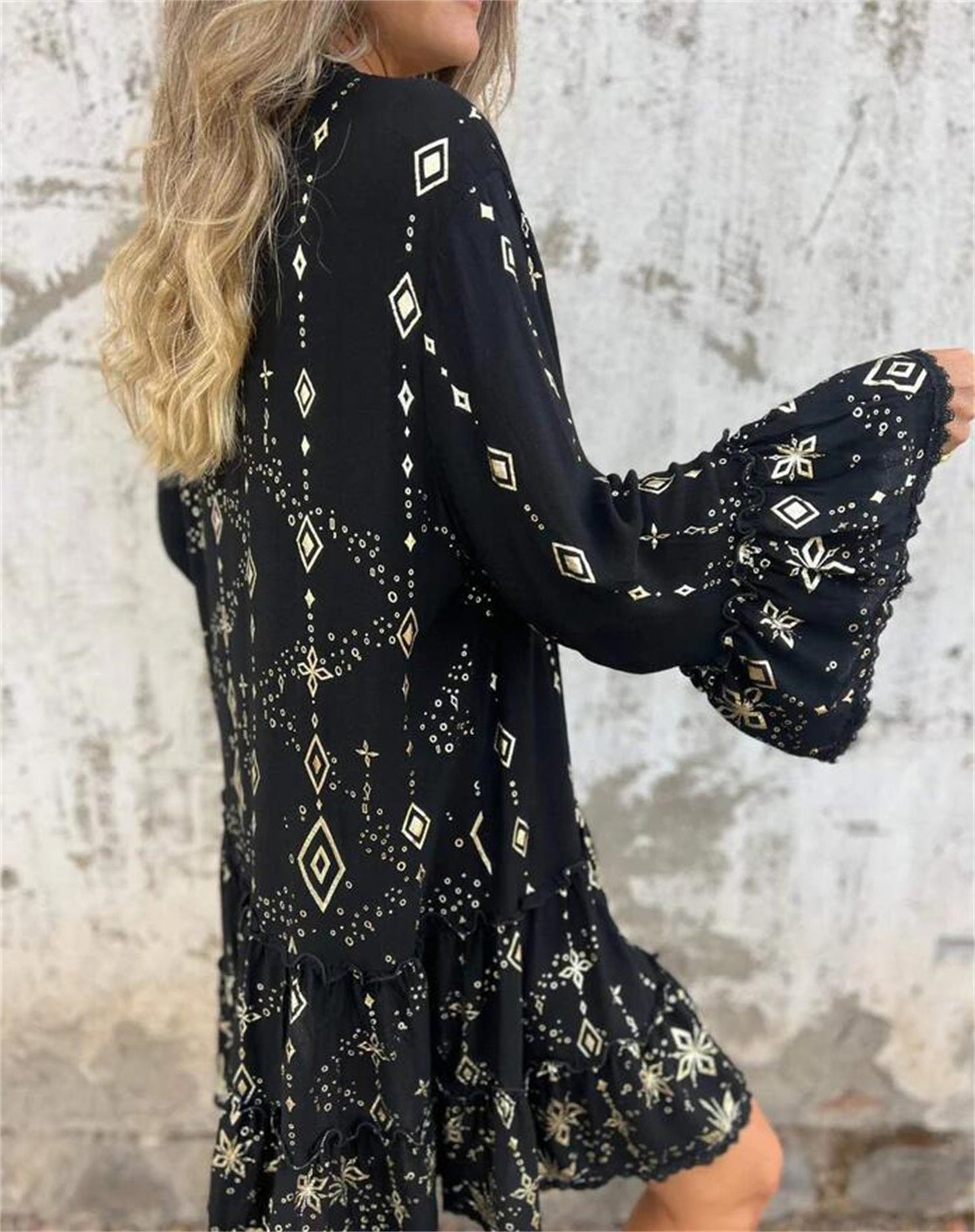 Gilded Lace Sleeve Hollow Bohemian Dress