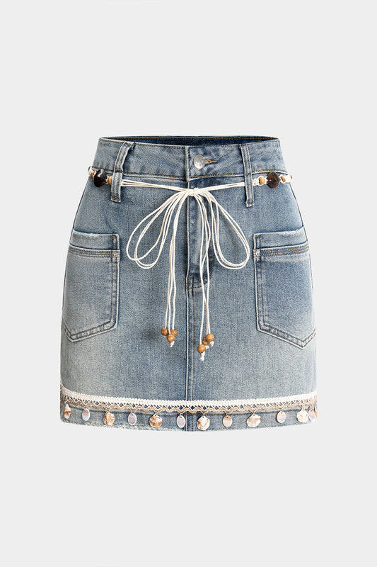 Denim Fringe Frayed Belted Skirt