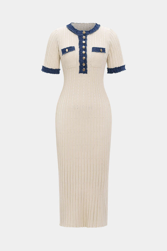 Denim Patchwork Metallic Button Short Sleeve Maxi Dress