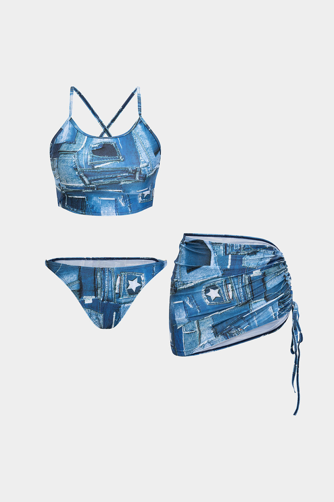Denim Print Backless Drawstring Bikini Set