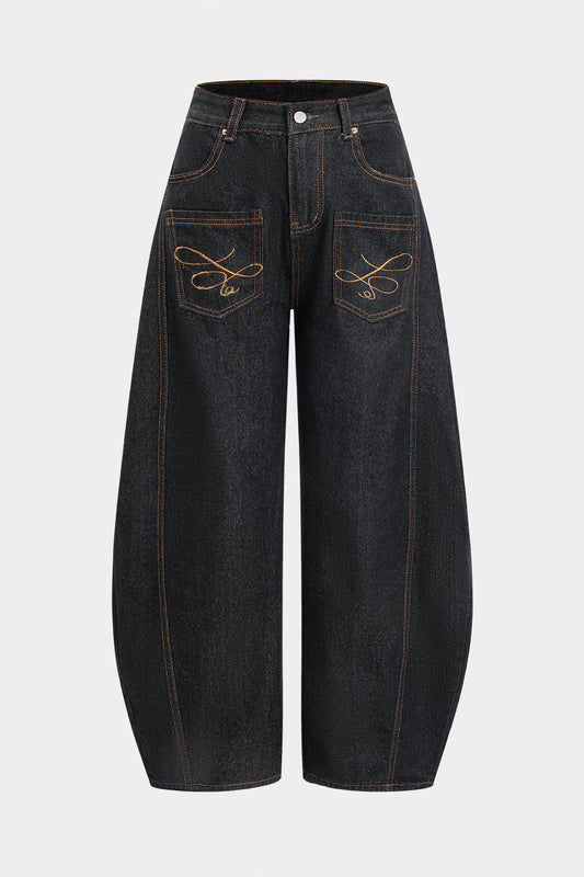 Denim Embroidery Wide Leg Barrel Jeans