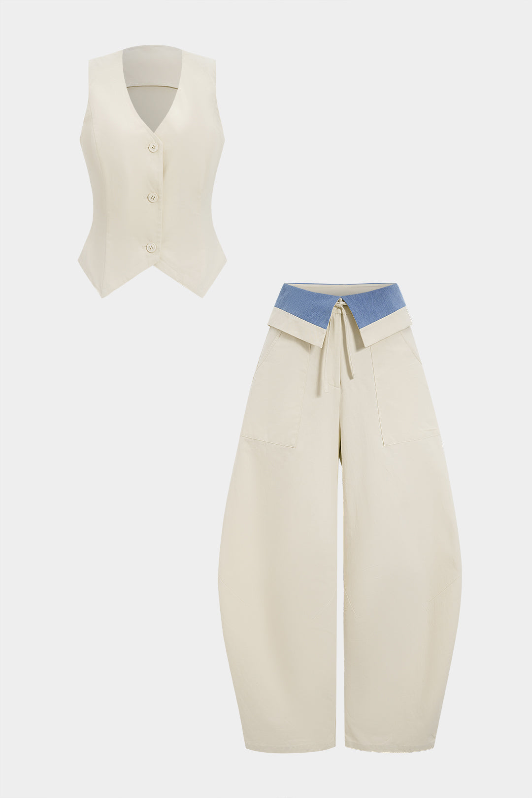 Denim Button Vest And Contrast Drawstring Barrel Trousers Set