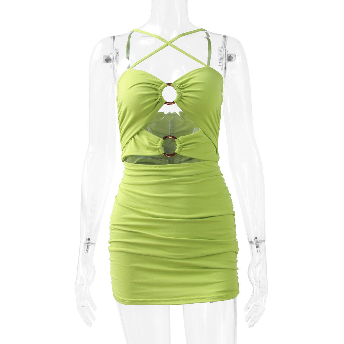 Verdant Charm: Hollow Pleated Sling Dress for a Sleek Silhouette