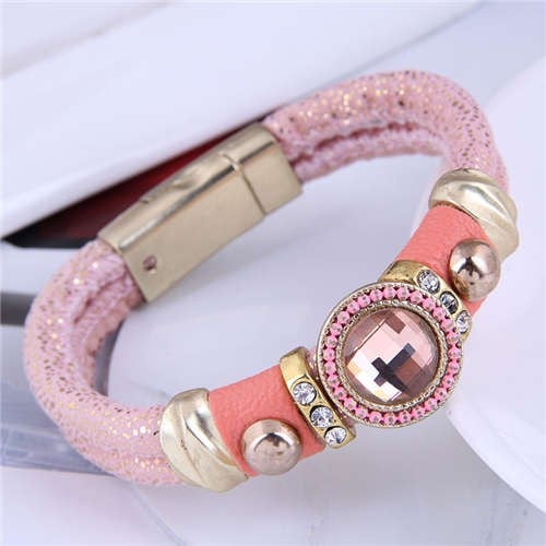 Pink Rhinestone Folk Leather Bracelet