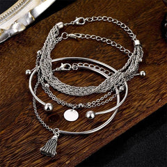 Bohemian Silver Color Tassel Round Bracelet Set