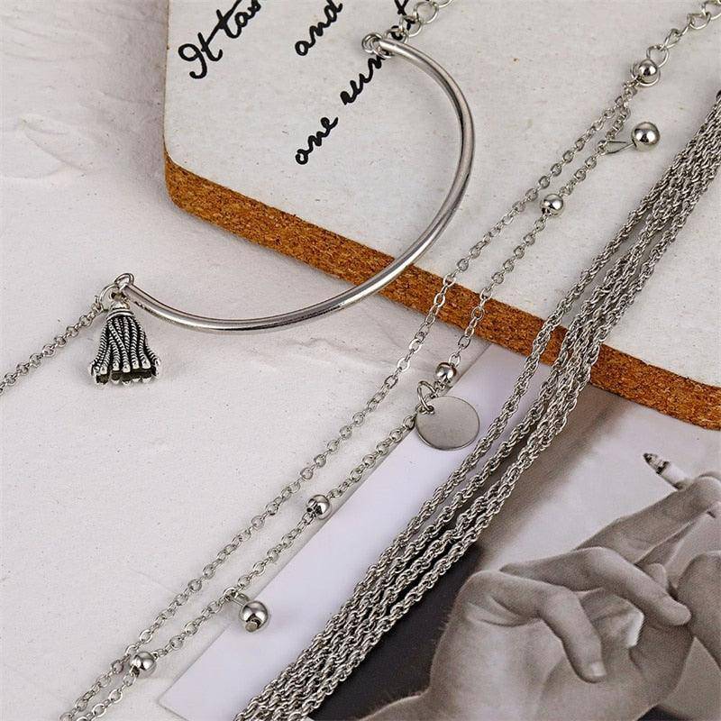 Bohemian Silver Color Tassel Round Bracelet Set