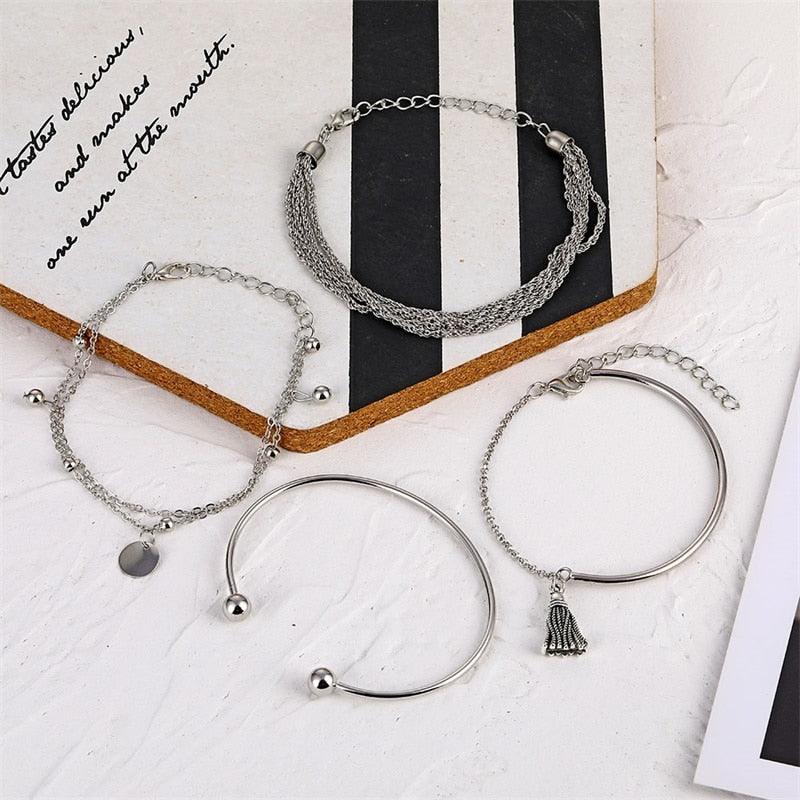 Bohemian Silver Color Tassel Round Bracelet Set