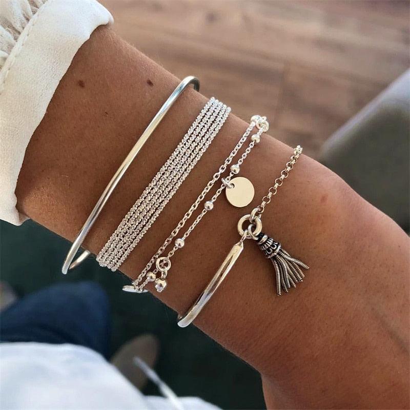 Bohemian Silver Color Tassel Round Bracelet Set