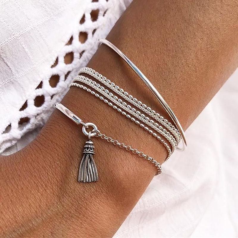 Bohemian Silver Color Tassel Round Bracelet Set