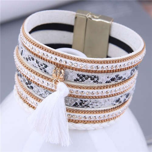 White Rivet Tassel Snakeskin Bangle