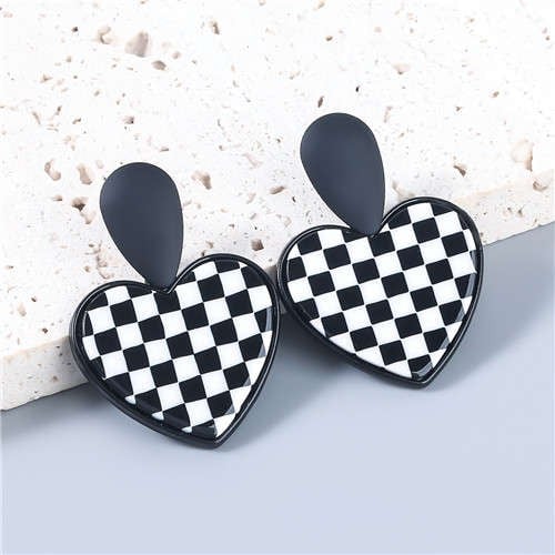 Black and White Racing Hearts Checkered Dangles