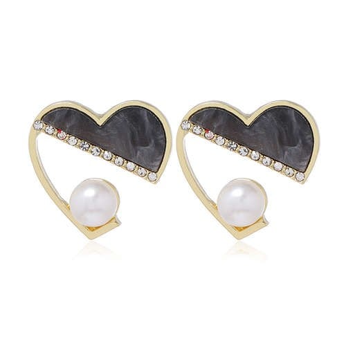 Black Pearl Embellished Cute Heart Design Korean Fashion Women Earrings