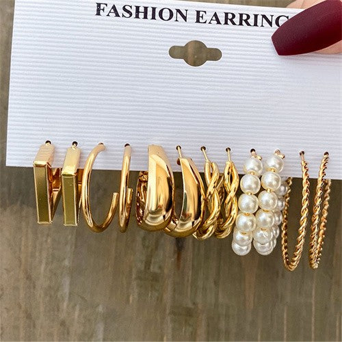 Chic Fusion Radiance: Geometric & Pearl Circle Ensemble -  Earrings Set