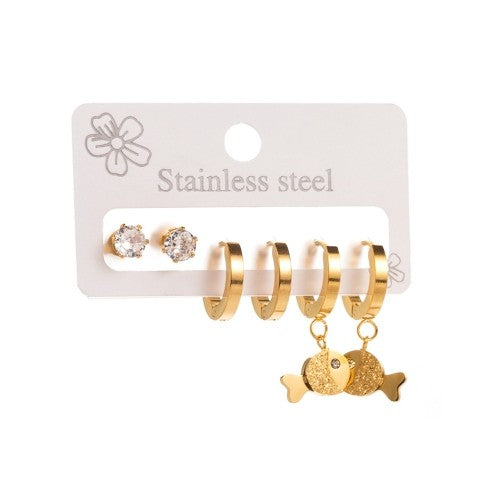 Cute Fish, Zircon and Circle 3 Pairs Studs Earrings Set
