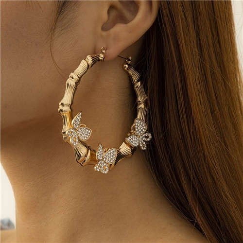 Rhinestone Bamboo Butterfly Hoops