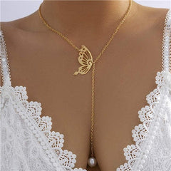 Butterfly Pearl: Hollow-out Lariat Necklace