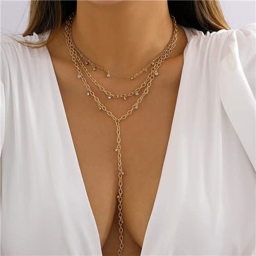 Mini Rhinestone Glow: Golden Tassel Necklace