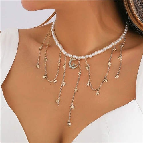 Vintage Star-Moon: Rhinestone Pearl Necklace