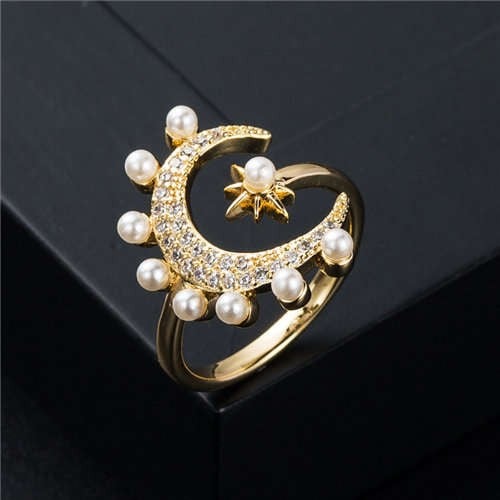 Lunar Pearl: Moon and Star Copper Ring