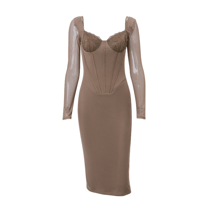 Sculpted Allure: Fall Low-Cut Boning Corset Slim Fit Hip Raise Long Sleeve Dress