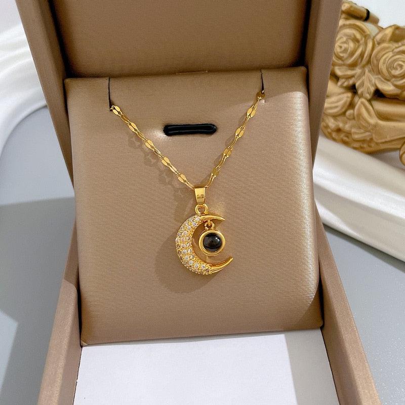Luna Brilliance Stainless Steel Moon Pendant Necklace