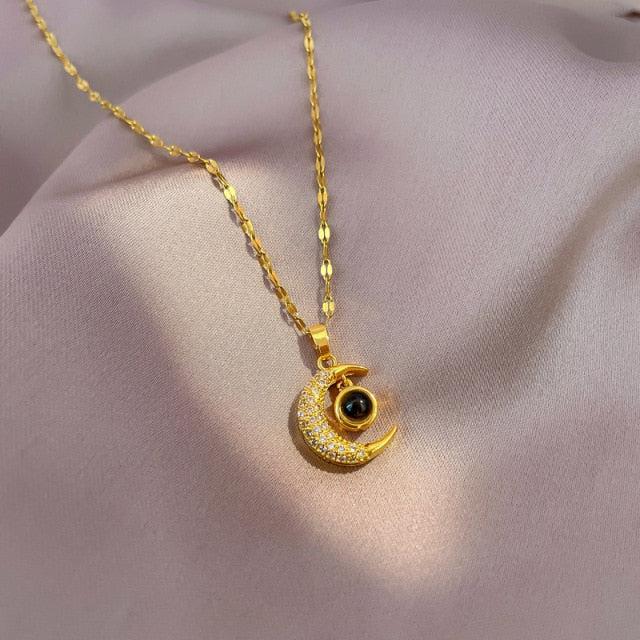 Luna Brilliance Stainless Steel Moon Pendant Necklace