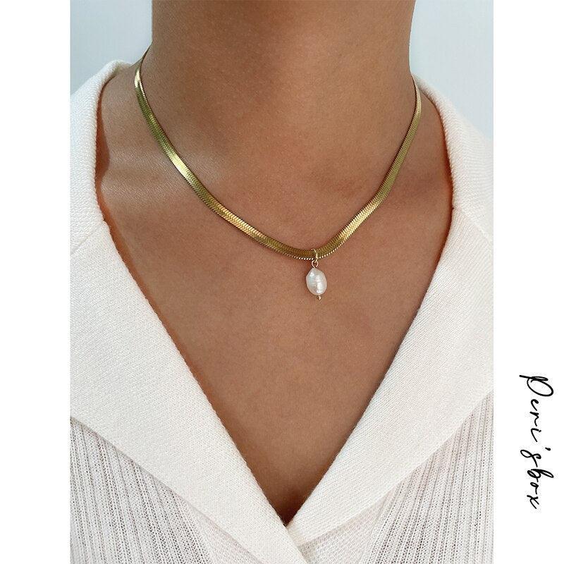 Opulent Flat Snake Titanium Pearl Necklace