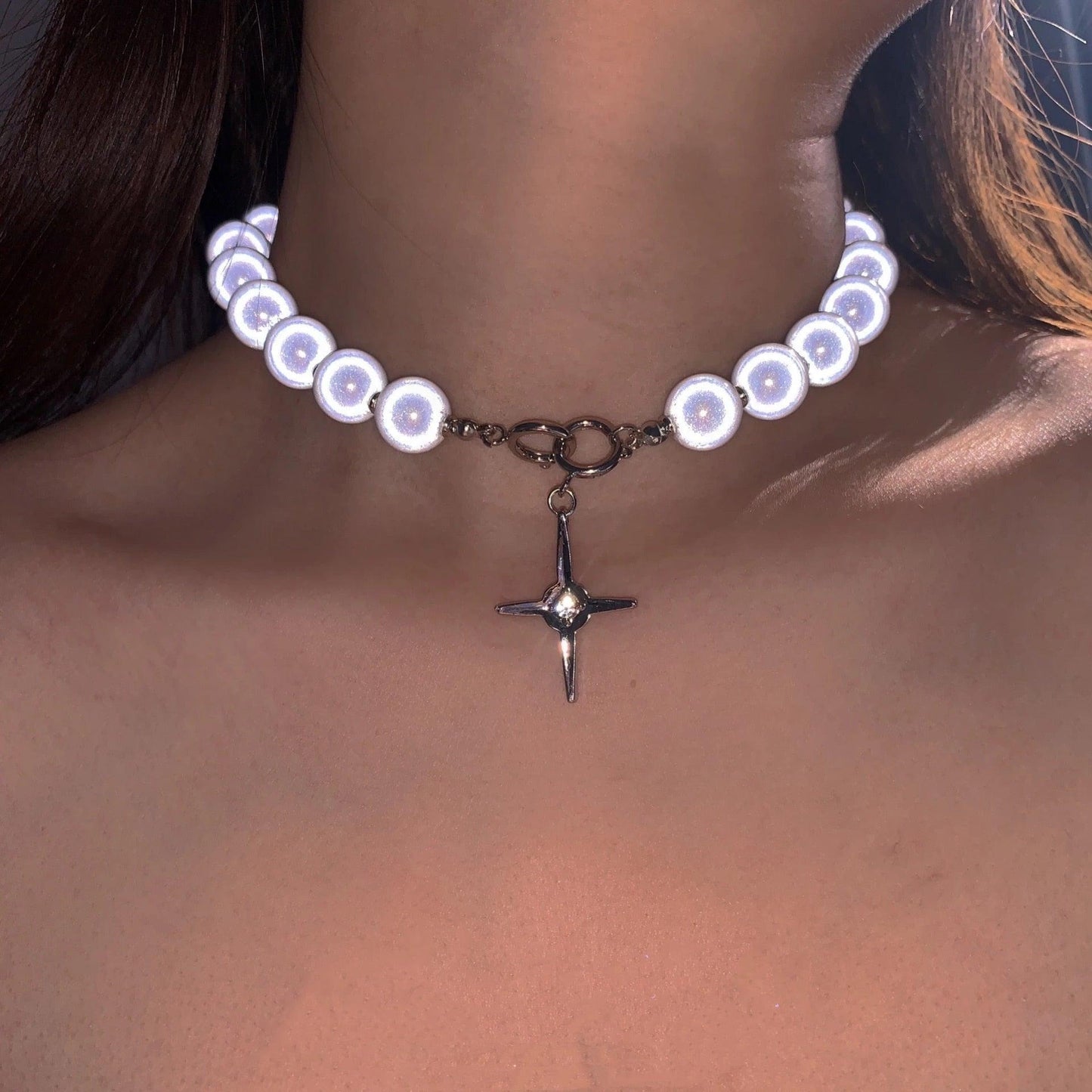 Radiant Cross Luminous Beads Pearl Necklace