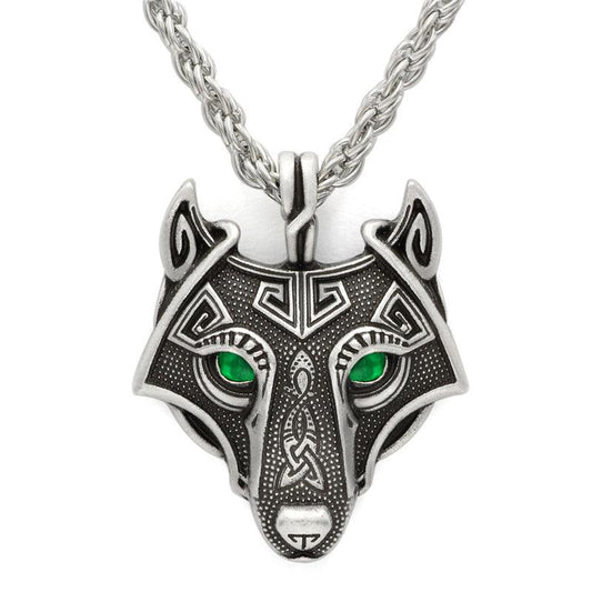 Runic Majesty: Viking Inspired Multicolor Wolf Head Necklace