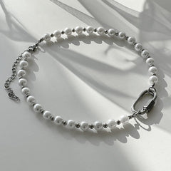 Timeless Fusion: Stainless Steel Imitation Pearl Carabiner Necklace