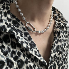 Timeless Fusion: Stainless Steel Imitation Pearl Carabiner Necklace