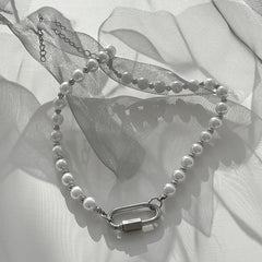 Timeless Fusion: Stainless Steel Imitation Pearl Carabiner Necklace