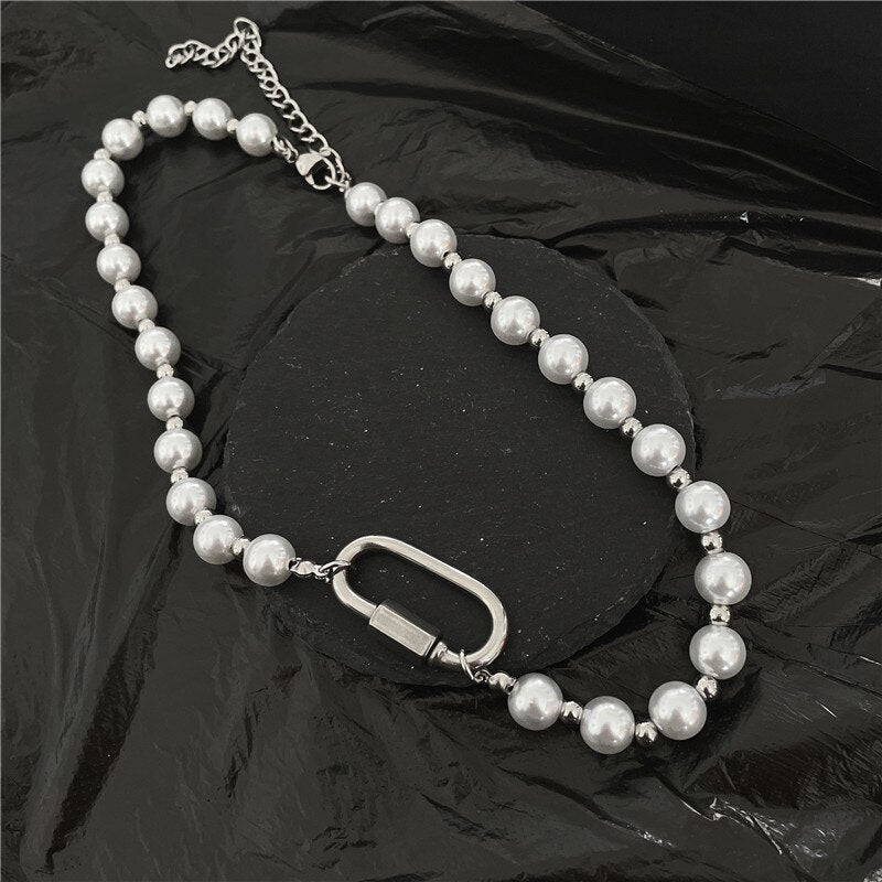 Timeless Fusion: Stainless Steel Imitation Pearl Carabiner Necklace