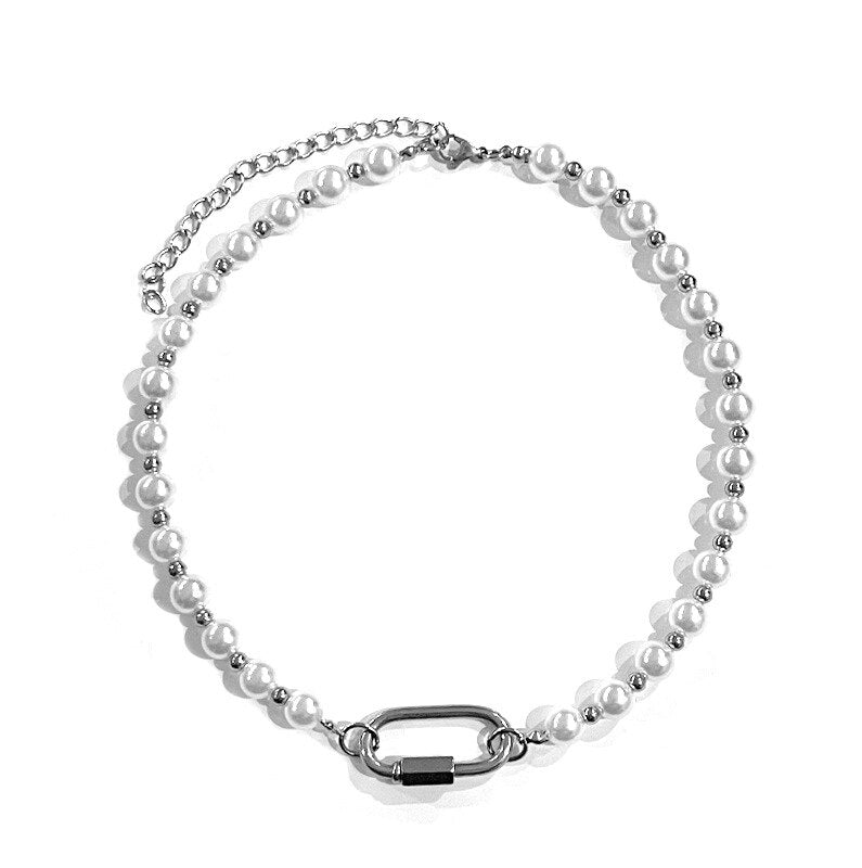 Timeless Fusion: Stainless Steel Imitation Pearl Carabiner Necklace