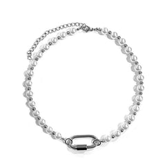 Timeless Fusion: Stainless Steel Imitation Pearl Carabiner Necklace