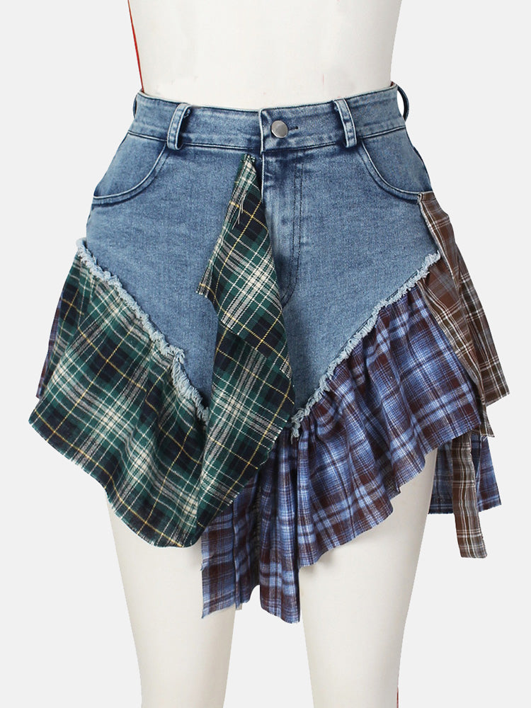 Denim Patchwork Plaid Skirt