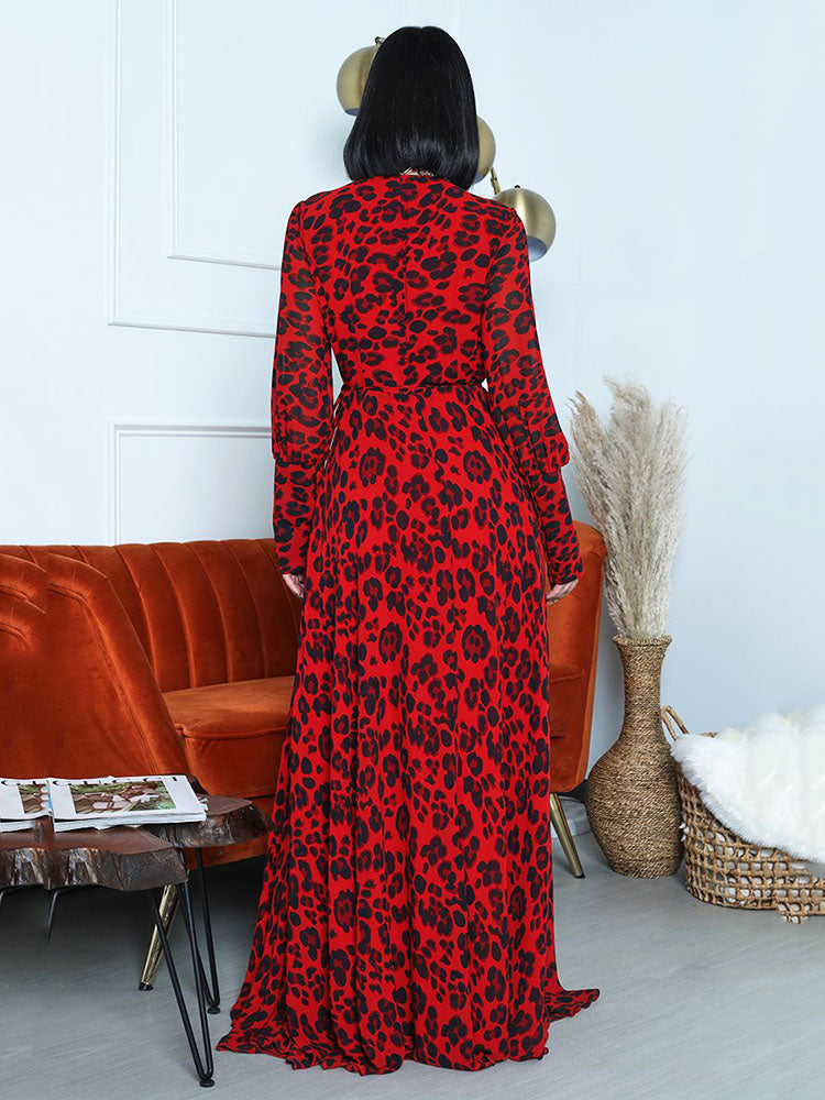 Leopard Print Slit V Neck Long Sleeve Dress