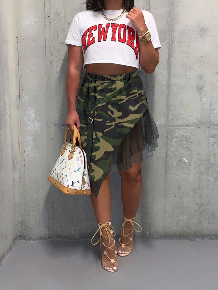 Camouflage Mesh Patchwork Irregular Skirt