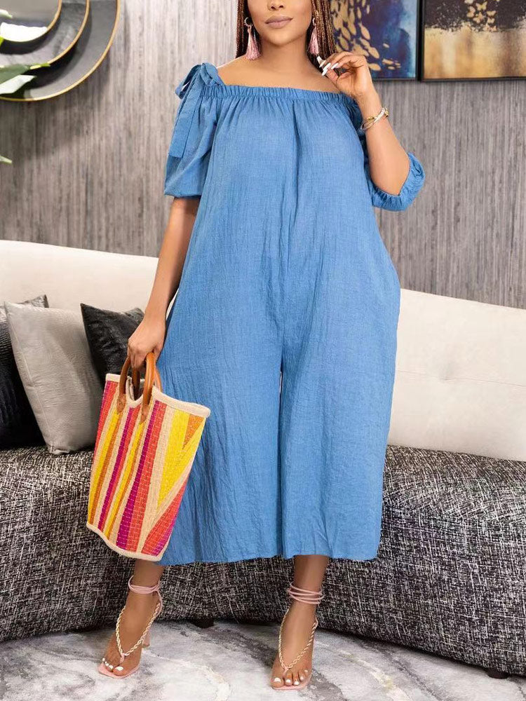 Off Shoulder Pockets Loose Jumpsuit