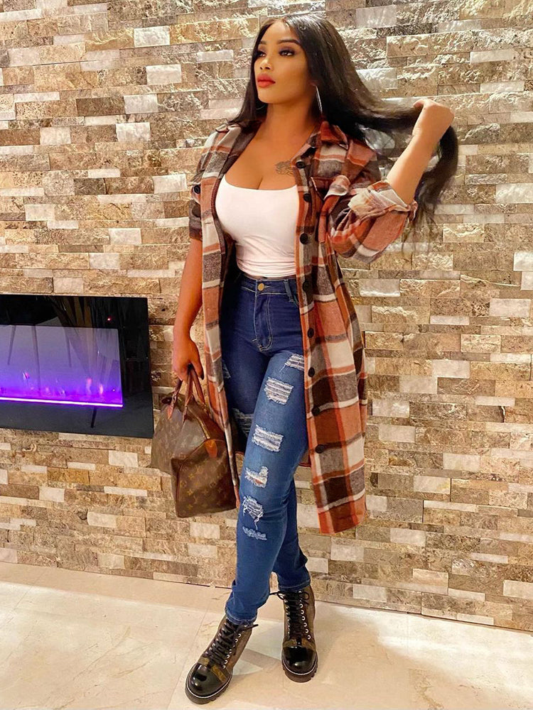 Plaid Turndown Collar Shirt Cardigan