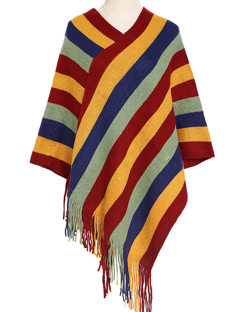 Knitted Striped Tassel Poncho