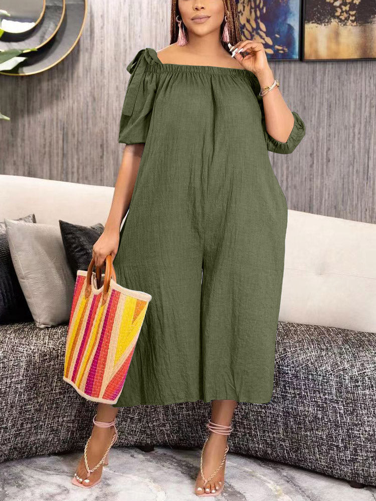 Off Shoulder Pockets Loose Jumpsuit