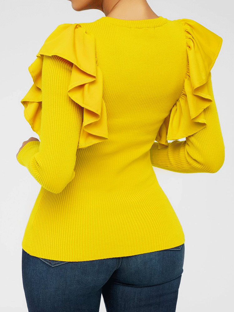 Knit Ruffle Sleeve Solid Tops