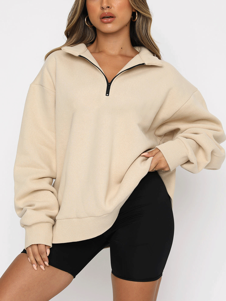 Zip V Neck Long Sleeve Pullover Top