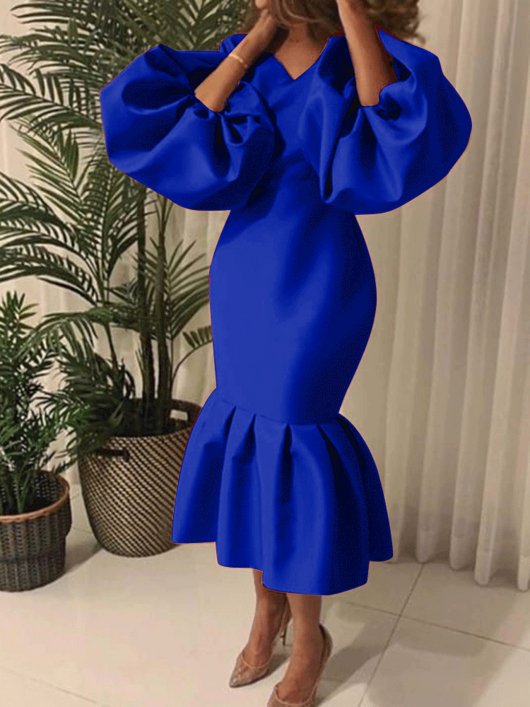 Lantern Sleeve Midi Fishtail Dress