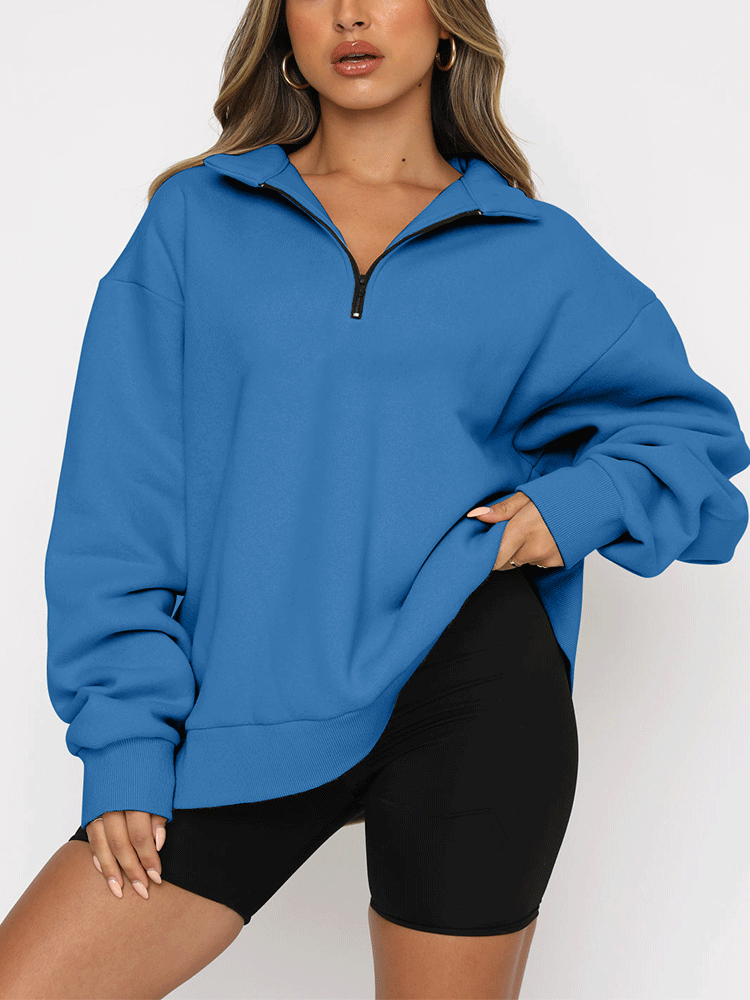 Zip V Neck Long Sleeve Pullover Top