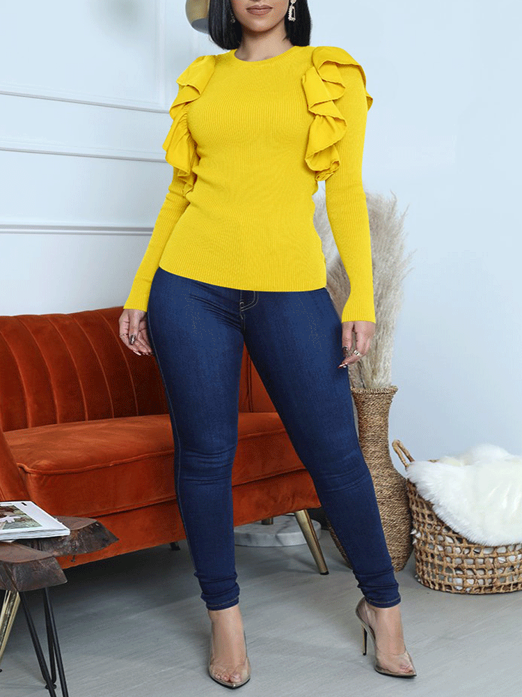 Knit Ruffle Sleeve Solid Tops