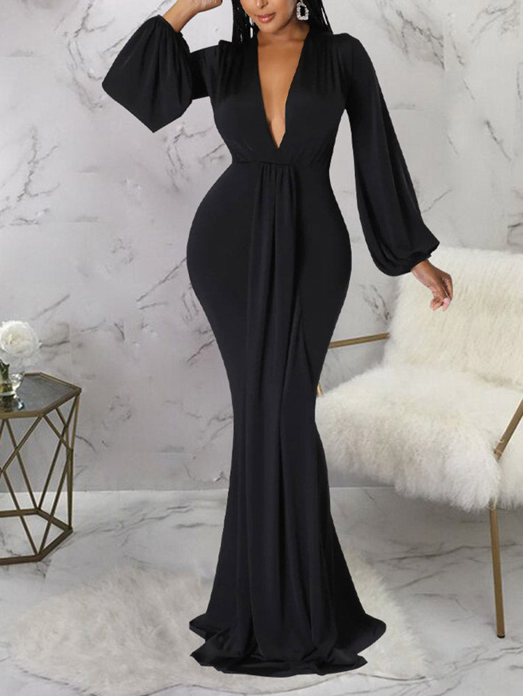 Deep V Neck Evening Maxi Dress