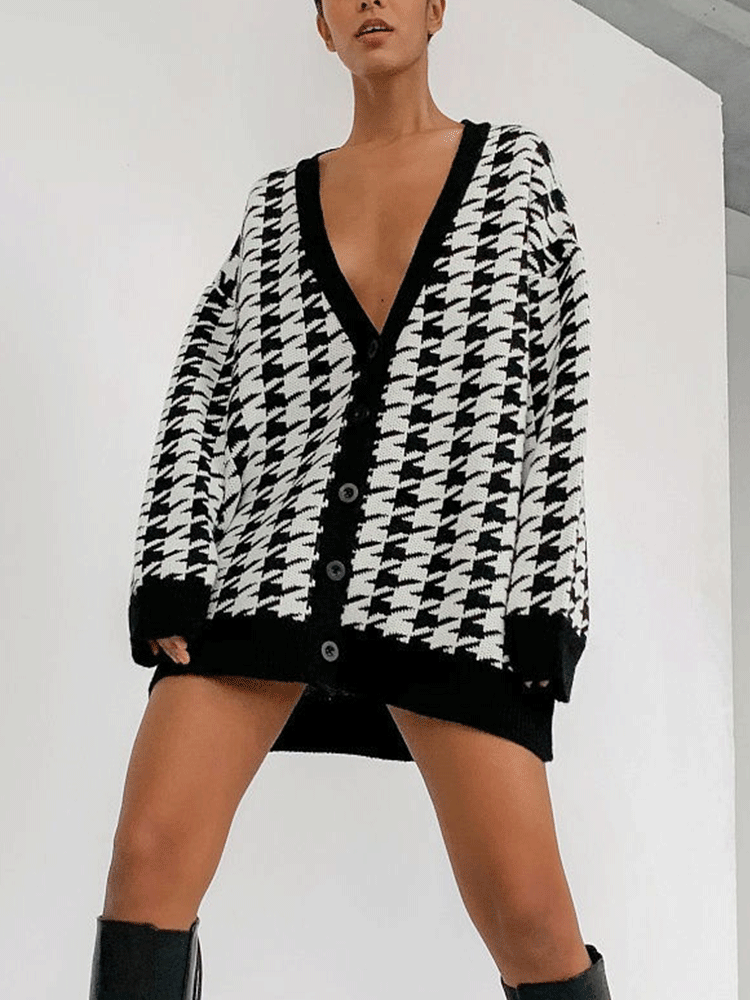 Knitted Houndstooth V Neck Cardigan